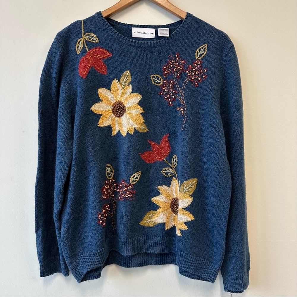 Alfred Dunner Blue Sweater with Floral Embroidery